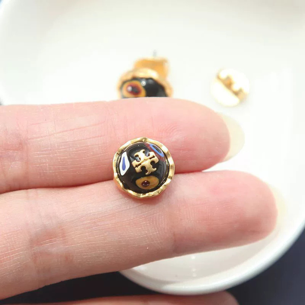 Tory Burch Vintage Gold Black Enamel Round Stud Earrings